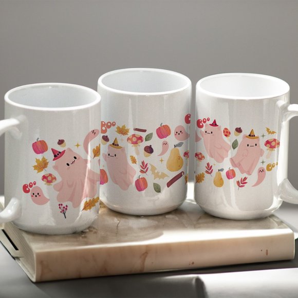Halloween Pink cute ghosts Coffee Mug. Halloween Coffee Cup. 15oz Ceramic Mug - Picture 2 of 5
